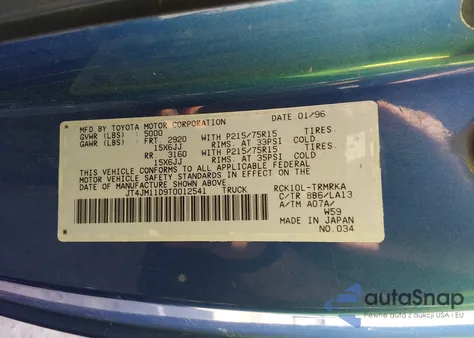 1996 Toyota T100 z USA, uszkodzony, nr VIN JT4JM11D9T0012541